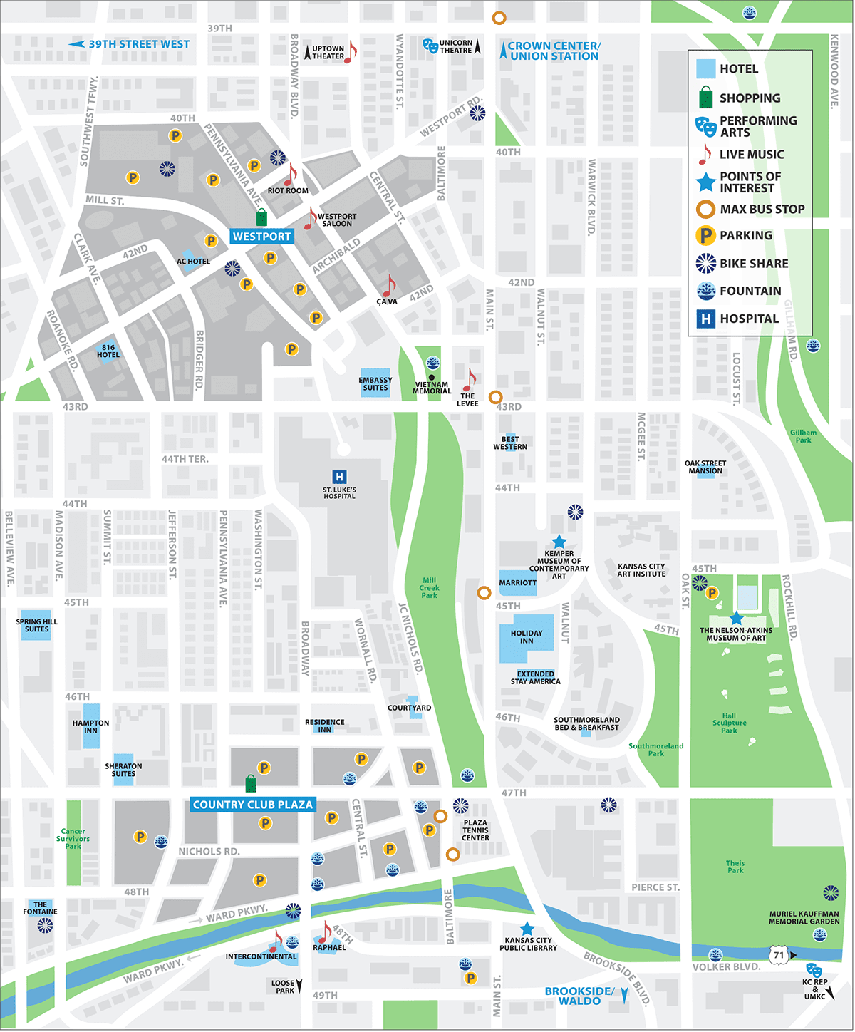 Map of the Country Club Plaza and Westport in Kansas City