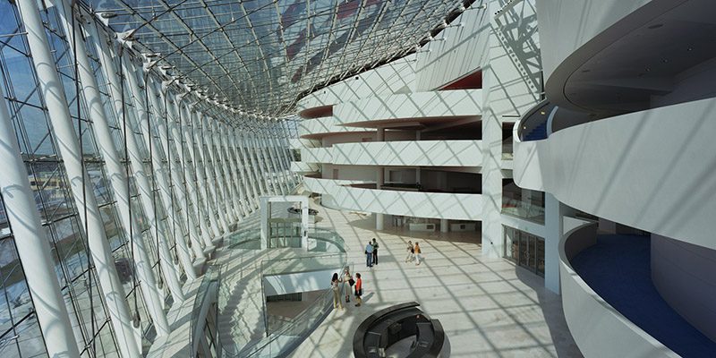 Interior of the Kauffman Center for the Performing Arts on a sunny day