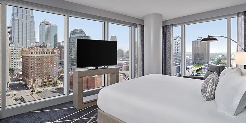 Hotel room in Loews Kansas City Hotel with KC skyline views