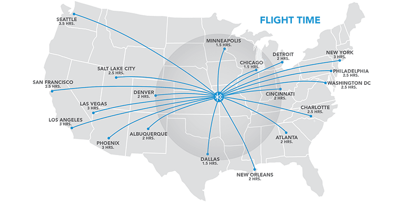 Graphic showing flight times to Kansas City