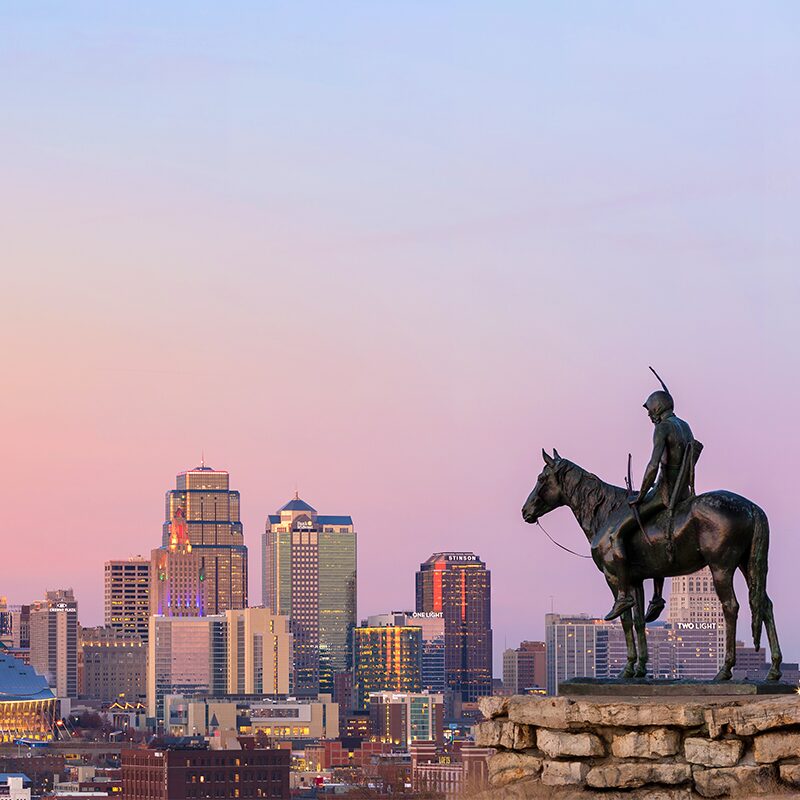 Scout statue Kansas City skyline Penn Valley Park