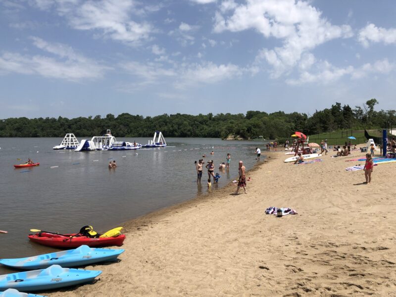 Families play near shore of lake